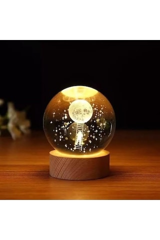 Kristal Cam Küre Led Işıklı Usb Kablolu Ahşap Stantlı Gece Lambası Dekoratif Hediyelik Astronot