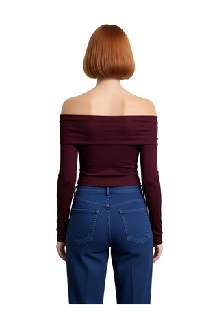 Ersefa Stil Kadın Kısa Esnek Bluz Crop Örme Slim Kalıp bordo