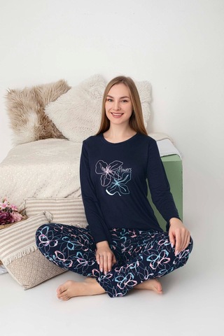 Kadın Bisiklet Yaka Düğmesiz Dökümlü Viskon Mevsimlik Uzun Kol Cepli Pijama Takımı Lacivert Mavi