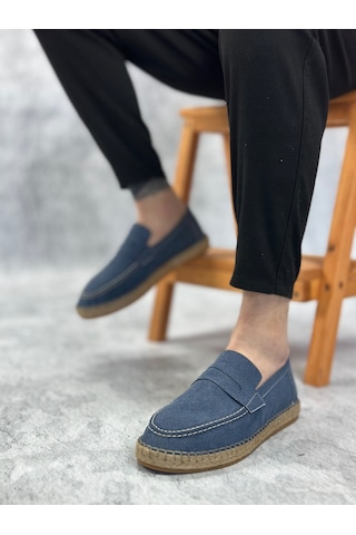 Ba0359 Boa Doğal Deri Tozu Bağcıksız Kauçuk El Yapımı Espadril Taban Mavi Renk Erkek Ayakkabı Mavi