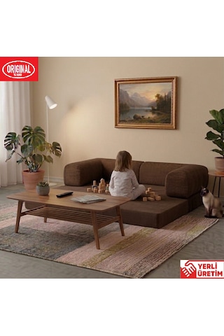Herev 180x180 Cm 50 Dns Modüler Köşe Koltuk Fitilli Kadife Kumaş, Yatak Olabilen, Modern Tasarım Şark Köşe Acı Kahve