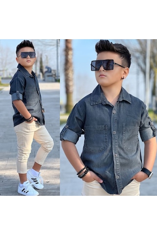 Modavals Tensel Denim Gömlek Gabardin Pantolon Erkek Çocuk Alt & Üst Takım Siyah