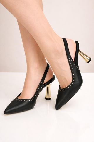 Modaonn Kadın Sivri Burun Zımbalı Slingback İnce Topuk Ayakkabı Siyah