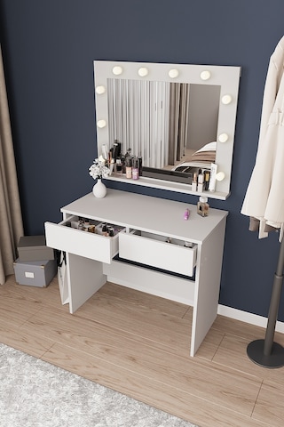 Dekorfim DF02108B LED Işıklı Aynalı Holywood Makyaj Masası, Bölmeli Çekmeceli Organizer Kozmetik Masası