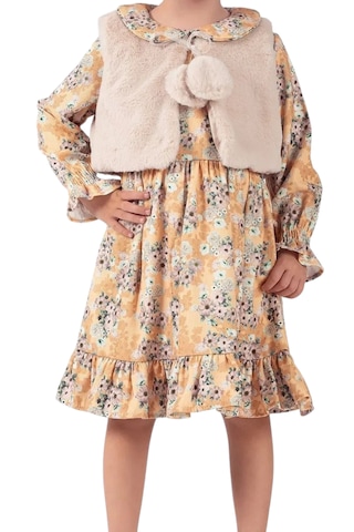 Kız Çocuk Çiçek Desenli Peluş Yelekli Midi Boy Astarlı Elbise Hardal