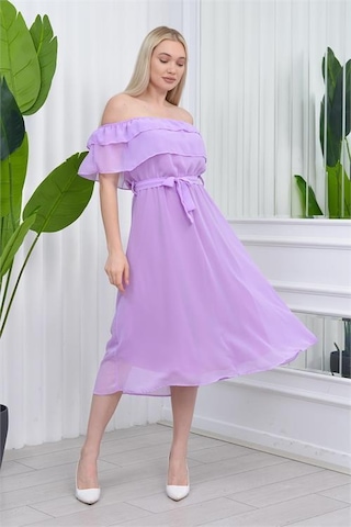 Dip Moda Kadın Madonna Yaka Kuşaklı Şifon Elbise Dpry8060 Lila