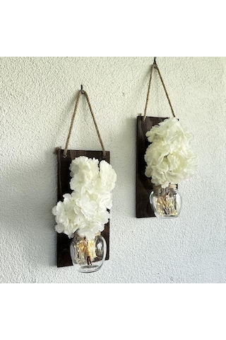 Led Işıklı, Beyaz Bahardalı Çiçekli Duvar Dekoru Ceviz İkili Set Ceviz