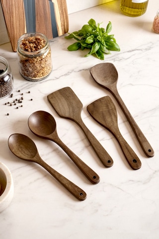 5 Parça Akasya Servis Takımı - Akasya Servis Kaşık Spatula Kepçe Seti Servis Seti Kahverengi