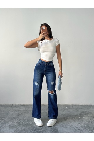 Blue Marlin Kadın Lazer Yırtık İşlemli Boyfriend Kot Bol Paça Pantolon Lacivert