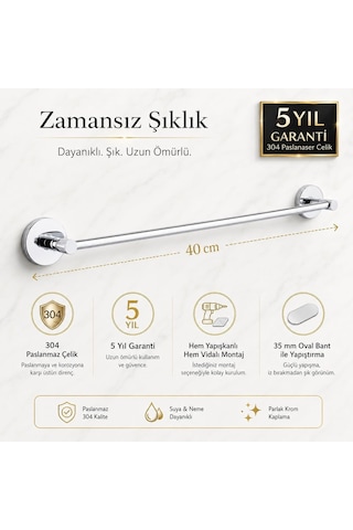 Alper Banyo 304 Paslanmaz Çelik Havlu Askısı 40 Cm, Parlak Krom Kaplama, Yapışkanlı Ve Vidalı Montaj, Banyo Akses Çok Renkli
