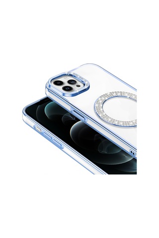 Apple Uyumlu iPhone 12 Pro Kılıf Pırlanta Taş Tasarımlı M-safe Şarj Özellikli Karetta Silikon Kapak Mavi