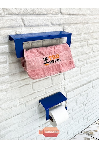 Metal Mavi 2'li Set 30cm Havlu Askılığı Ve Tuvalet Kağıdı Askı