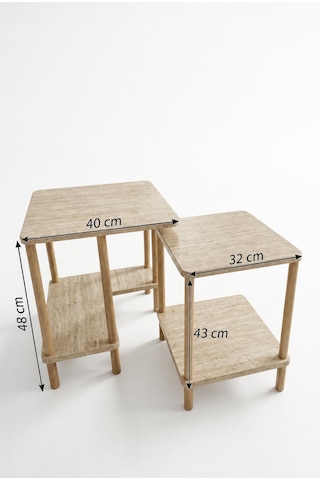 Modern Minimal Tasarım Yan Sehpa Dekoratif Ahşap Zigon Sehpa 2li Set 40 50cm Traverten