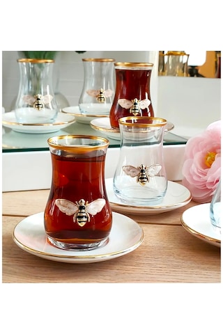 Queen Bee 12 Parça Çay Takımı 6 Kişilik Cam - Porselen Çay Seti Arı Desenli Şık Sunum Takımı Şeffaf
