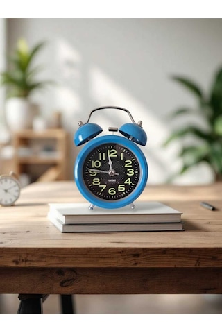 Metal Süper Yüksek Sesli Alarm Saati, Işıklı, Fosforlu, Gece Görünen Kadranlar, Sessiz Saniyeli Mavi