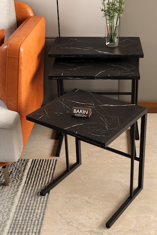 C Zigon Sehpa 3'lü Modern Metal Yan Sehpa, Laptop Masası Ve Koltuk Yanı Kahve Sehpası Siyah Mermer