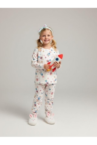 Kız Çocuk Robot Desenli Pamuklu Pijama Takımı-16825 Renkli