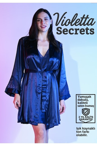 Violetta Secrets Büyük Beden Lacivert Dantelli Kısa Saten Gecelik Ve Sabahlık Takım Lacivert