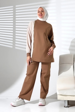 Kadın Mevsimlik Alt Üst Rahat Kahverengi Spor Ikili Tunik Pantolon Şık Tesettür Takım Kahverengi