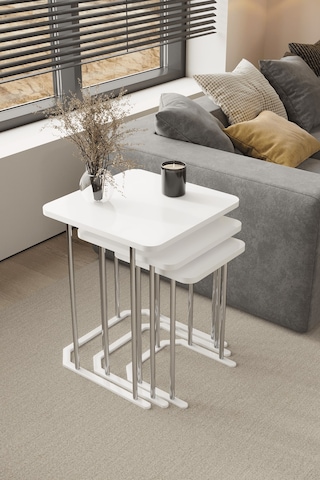 3' Lü Kare Zigon Sehpa Gümüş Ayak Beyaz 18 Mm Mdf Beyaz - Gümüş