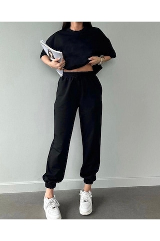 Basic T-shirt Eşofman Altı Jogger Siyah Düz Alt Üst Eşofman Takımı Oversize Bisiklet Yaka Siyah