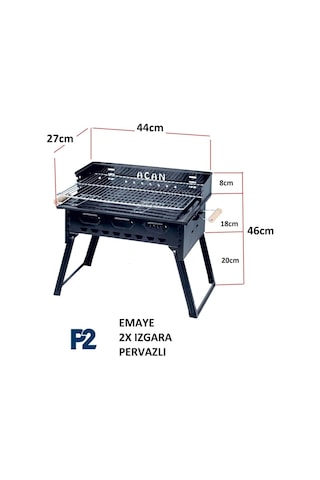 Depolife Pervazlı Emaye Mangal P2 Büyük Boy Kömürlü Barbekü Çift Izgara Katlanır Ayaklı 27x44cm Diğer