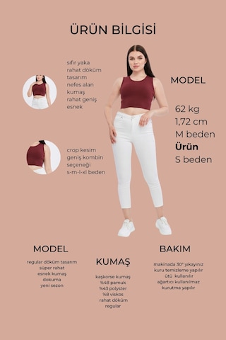 Bella Dossi Rahat Kaşkorse Kolsuz Sıfır Yaka Kadın Crop Top Bordo