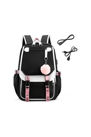 Aubyhe Ergen Kız Çanta Öğrenci Okul Çantası 35l 17" Siyah Usb Şarj Ve Kulaklık Girişi Dayanıklı Yumuşak Kumaş Siyah
