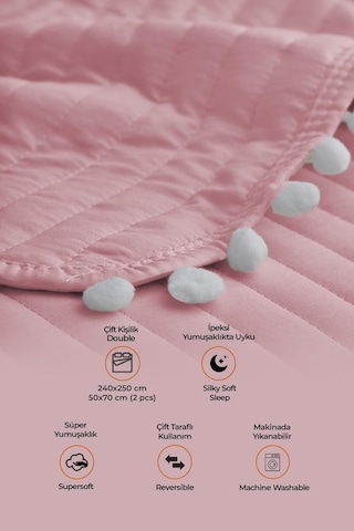 Evlen Home Collection Ponponlu Çift Kişilik %100 Pamuk Yatak Örtüsü Pike Takımı Pudra