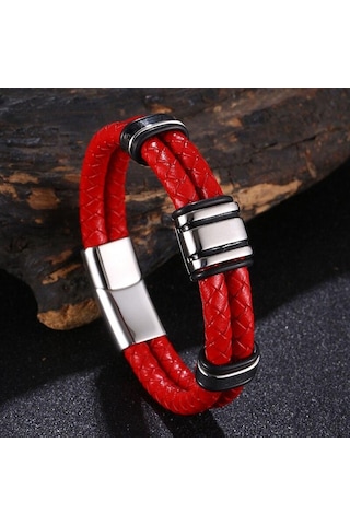 Lüks El Yapımı Deri Örgü Erkek Bileklik Paslanmaz Çelik Toka İş Adamı Bileklikleri Arkadaş Ortak Aşıklar İçin Hediye Kırmızı