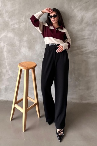 Madmext Siyah Çift Pileli Kemerli Pantolon Mg2330 Siyah