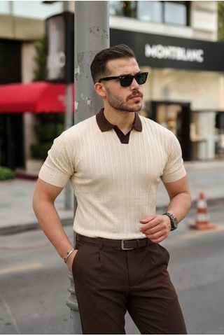 Valensdesign Erkek Yaka Detaylı Desen Dokulu Triko Tişört Taş