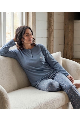 Lana Kadın Battal Pamuk Likralı Raporlu İnterlok Kışlık Pijama Takımı 245/16 - 1 Adet Mavi
