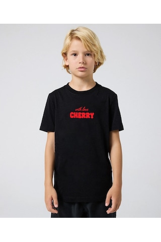 Uyguntarz Çocuk Cherry Baskılı Pamuklu Tshirt Siyah