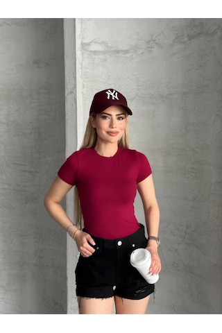 Kadın Basic Bisiklet Yaka Slim Fit Body Kısa Kol Günlük Body Bordo