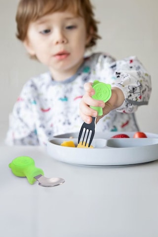 304 Paslanmaz Çelik Yeşil Ayıcık Model Bebek Kaşık Ve Çatal Set Cin766ys Yeşil