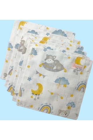 Pamuk Muslin Kumaş Bebek Ağız Mendili Bulut Ay Desen 25x25cm Çok Renkli