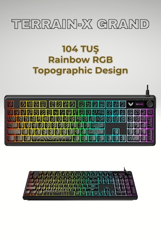 Terrain-x Grand Oyuncu Klavyesi 104 Tuş - Topografik Tasarım - Ses Kontrol Tekerleği - Rainbow