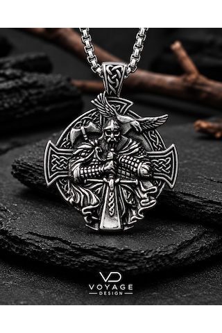Paslanmaz Çelik Viking Savaşçısı Odin Kuzgun Figürlü Kelt Haçı Viking Erkek Kolye Antik Gümüş