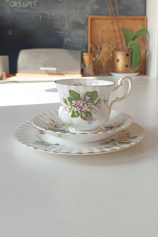 Mayflower Bone China England Duble Çay Fincanı 3 Parça Yeşilbeyaz