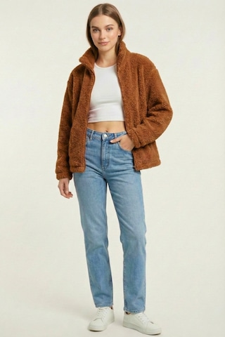 Kadın Peluş Tam Fermuarlı Cepli Sherpa Kuzu Kumaş Oversize Peluş Polar Sweatshirt Kahverengi