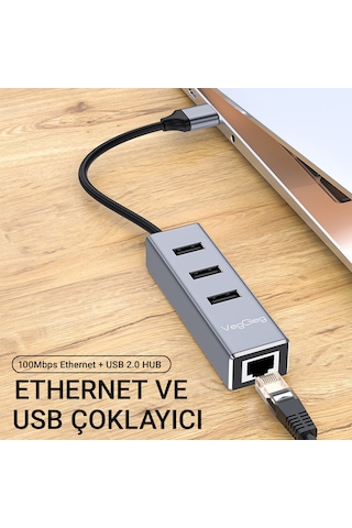 Veggieg Usb 2.0 To 100mbps Ethernet Çevirici Ve 3 Portlu Usb Hub Çoklayıcı