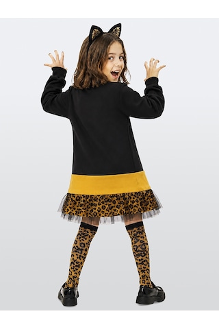 Deno Kids Denokids Kız Çocuk Leopar Aplikeli Tüllü Pamuklu Elbise Siyah Uzun Kollu Rahat Şık Tasarım 3-8 Yaş Çok Renkli