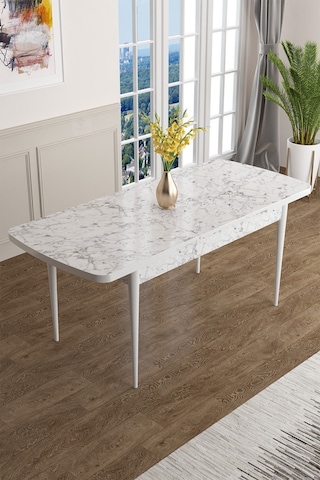 Canisa Concept Canisa Kor Serisi 70x114 Açılabilir Beyaz Mermer Desen Mutfak Masası, Yemek Masası Masa Beyaz Ayakları Beyaz Mermer Desen