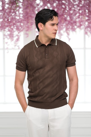 Advante Slimfit Kolları Lastikli Likralı Desenli Polo Yaka Triko T-shirt Kahverengi