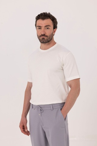 Sabri Özel Ekru %100 Pamuk Bisiklet Yaka Düz Renk Basic T-shirt
