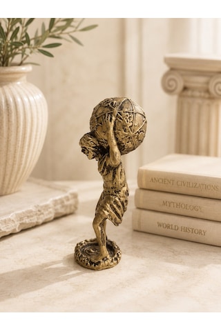 Atlas Heykeli 14 Cm Antik Gold Dekoratif Biblo Mitolojik Ev Dekorasyonu & Masa Üstü Aksesuar