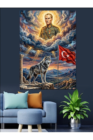 Atatürk'ün Bozkurtla Birlikte Portresi Dekoratif Kanvas - Mdf Ahşap Tablo