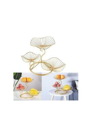 Pazly Üç Katmanlı Depolama Tepsisi Yaprak Şekilli İskandinav Tel Sepet Mutfak Düzenleyici Ev Dekor Meyve Pla 46x31cm Altın Renk Altın