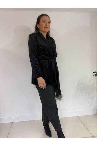 Büyük Beden Uzun Kollu Siyah Kadife Ceket